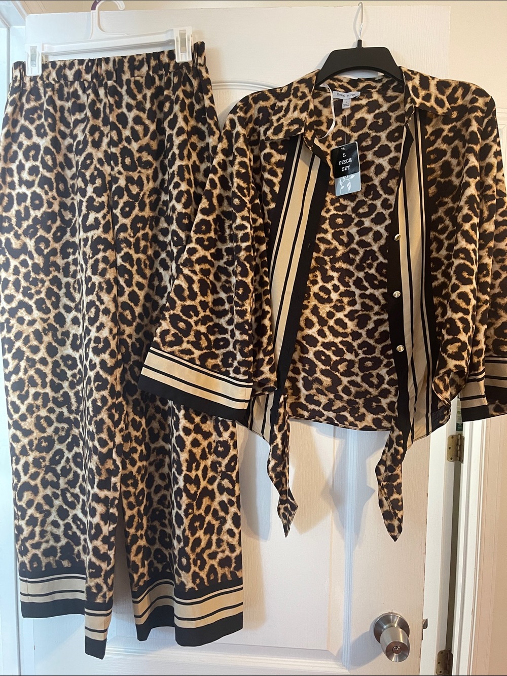 Leopard Print Two-Piece Pants & Top Set - Brown